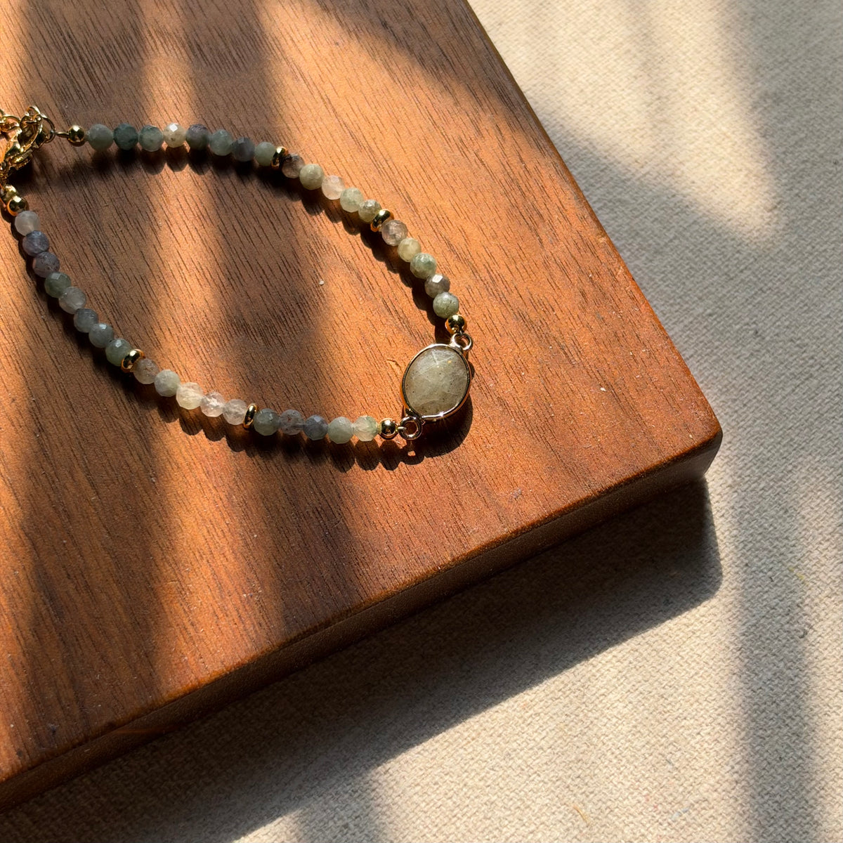 Aquamarine And Labradorite Beaded Adjustable Gold-plated Bracelet