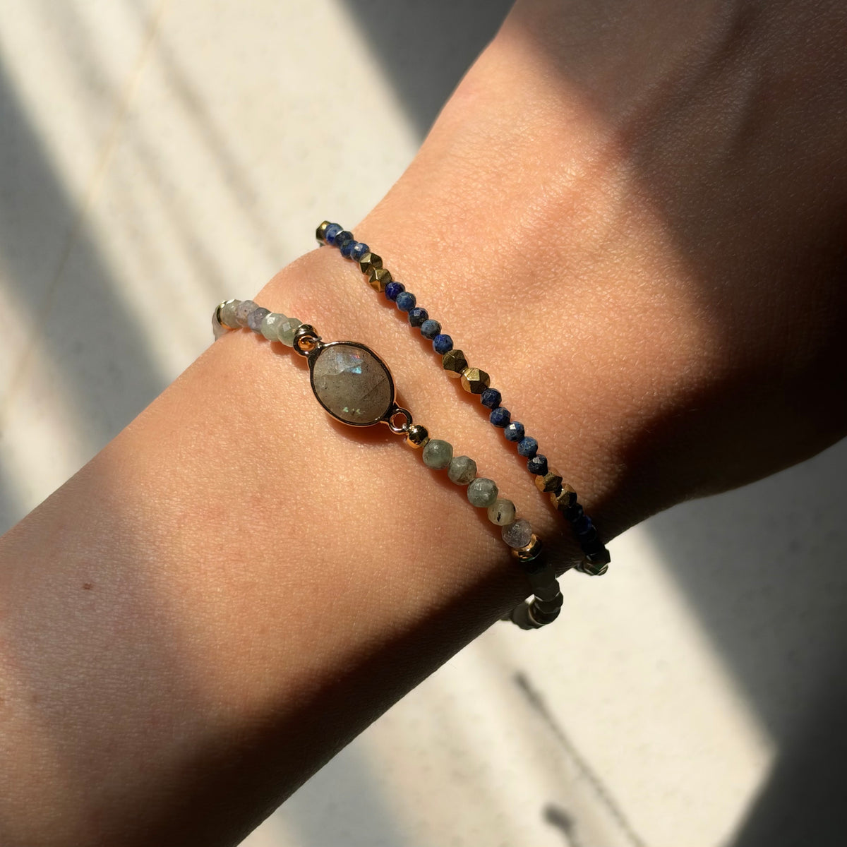 Aquamarine And Labradorite Beaded Adjustable Gold-plated Bracelet