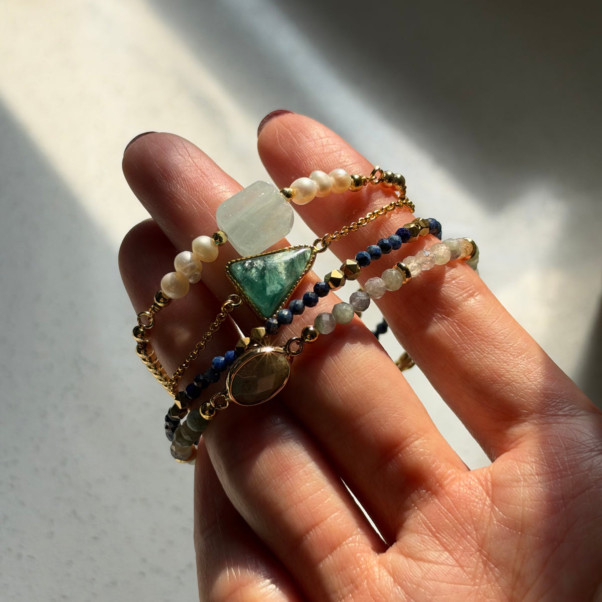 Aquamarine And Labradorite Beaded Adjustable Gold-plated Bracelet