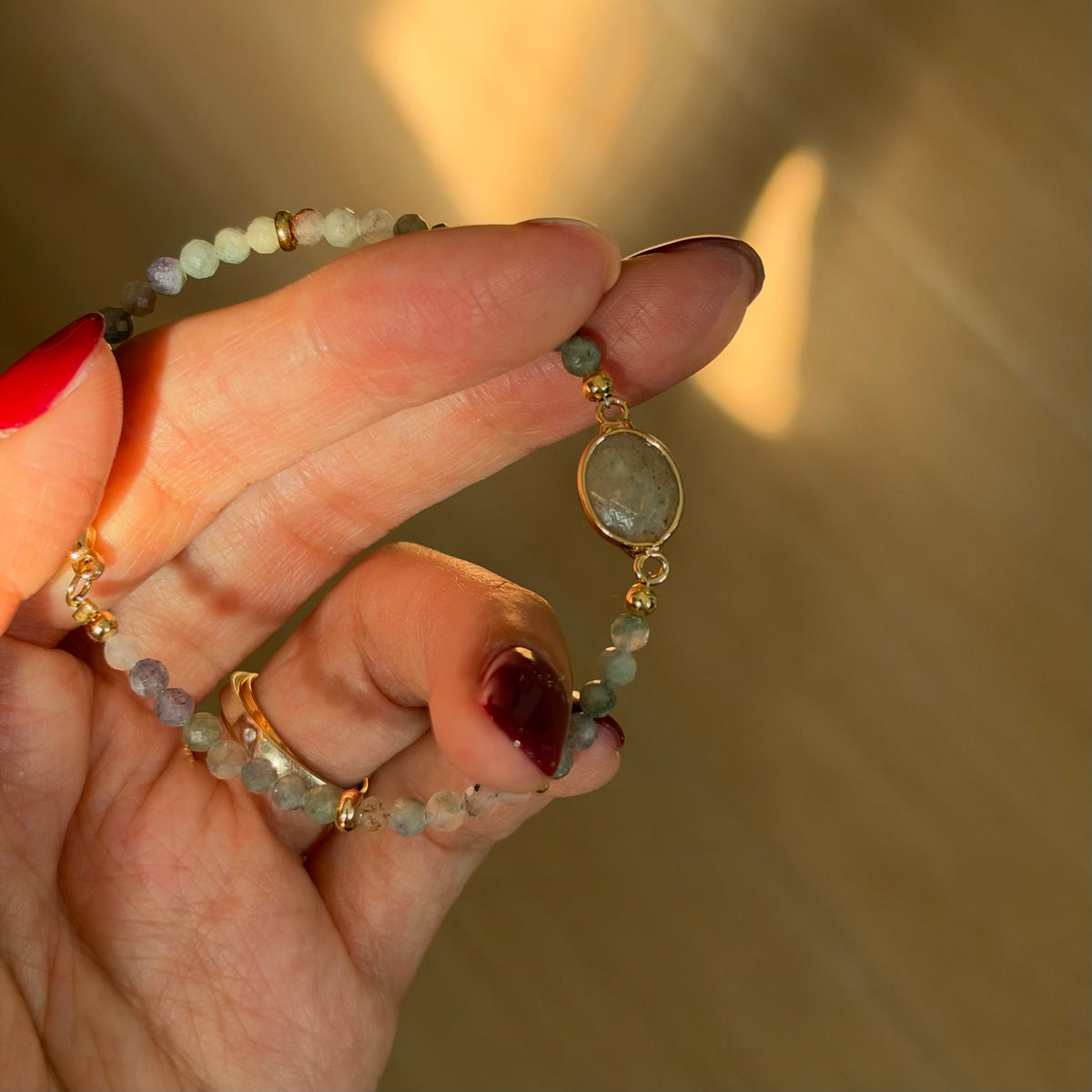 Aquamarine And Labradorite Beaded Adjustable Gold-plated Bracelet