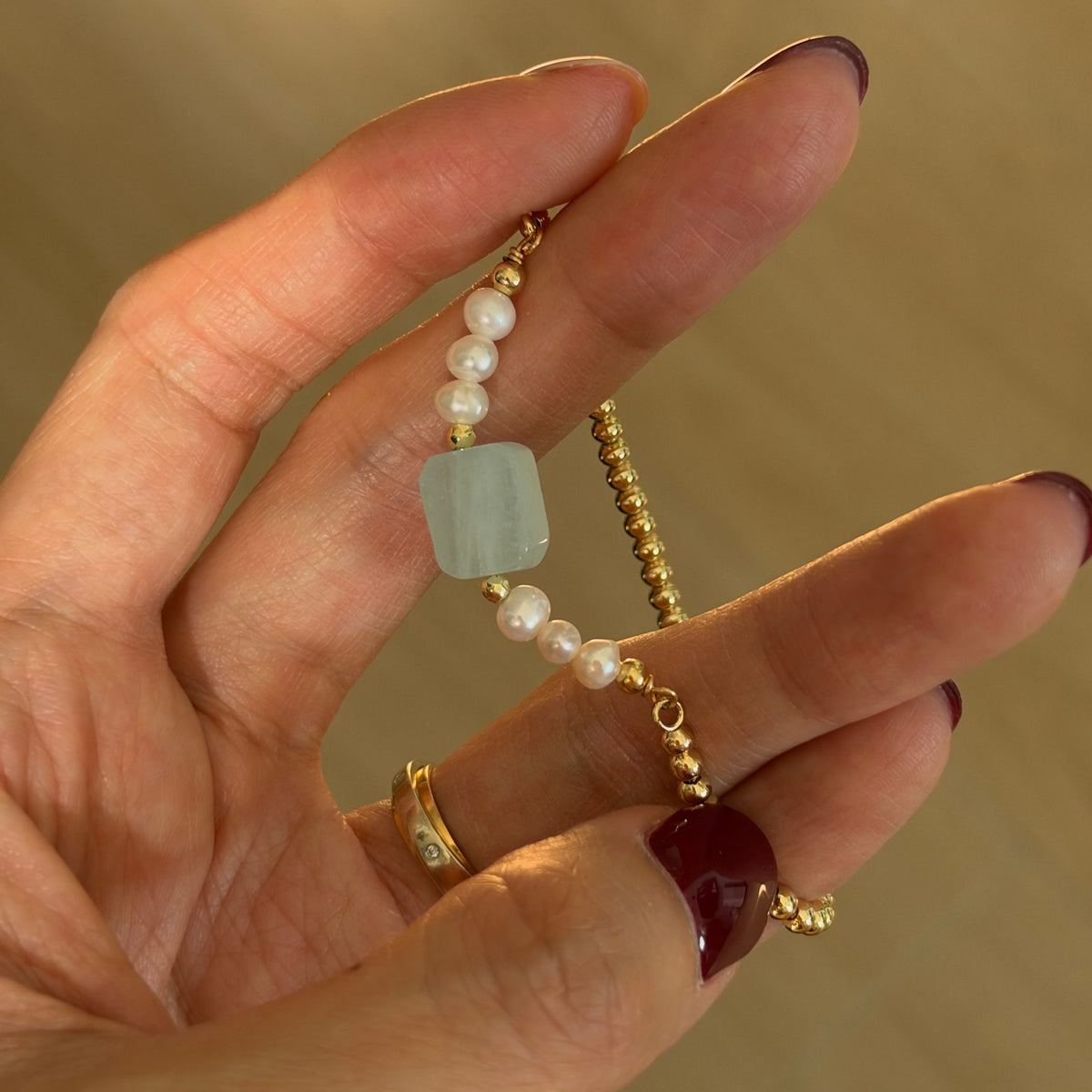 Aquamarine And Freshwater Pearl Beaded Adjustable Gold-plated Bracelet