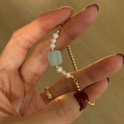 Aquamarine And Freshwater Pearl Beaded Adjustable Gold-plated Bracelet