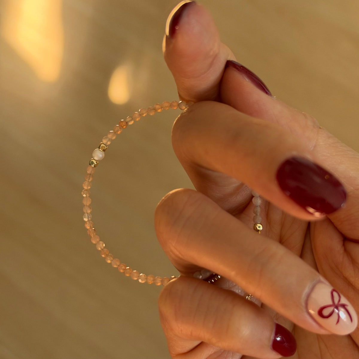 Sunstone And Freshwater Pearl  Beaded Adjustable Gold-plated Bracelet