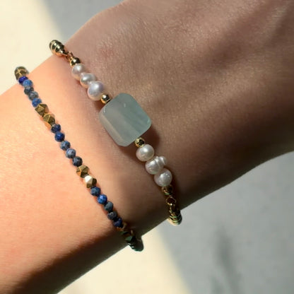 Aquamarine And Freshwater Pearl Beaded Adjustable Gold-plated Bracelet