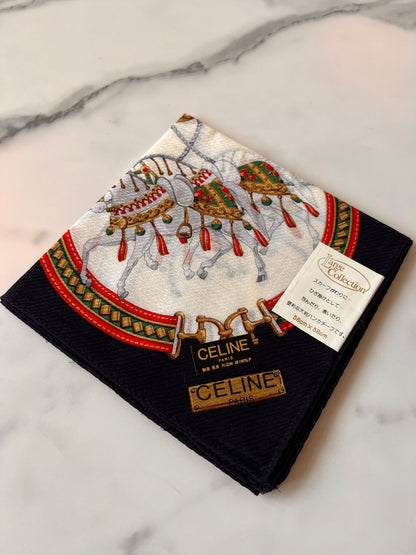 CELINE PARIS Vintage White And Navy Saddle Printed Handkerchief