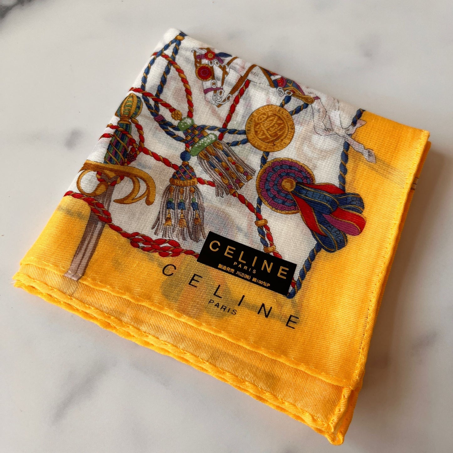 CELINE PARIS Vintage Yellow Horse Printed Handkerchief