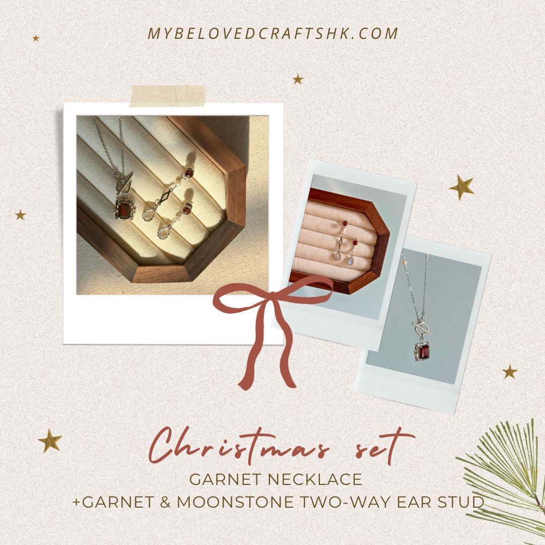CHRISTMAS SET (2 ITEMS) Garnet Necklace & Garnet Mixed Moonstone Two-way Ear Stud