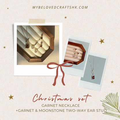 CHRISTMAS SET (2 ITEMS) Garnet Necklace & Garnet Mixed Moonstone Two-way Ear Stud