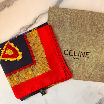 CELINE PARIS Vintage Red And Navy Jewelery Printed Vintage Scarf