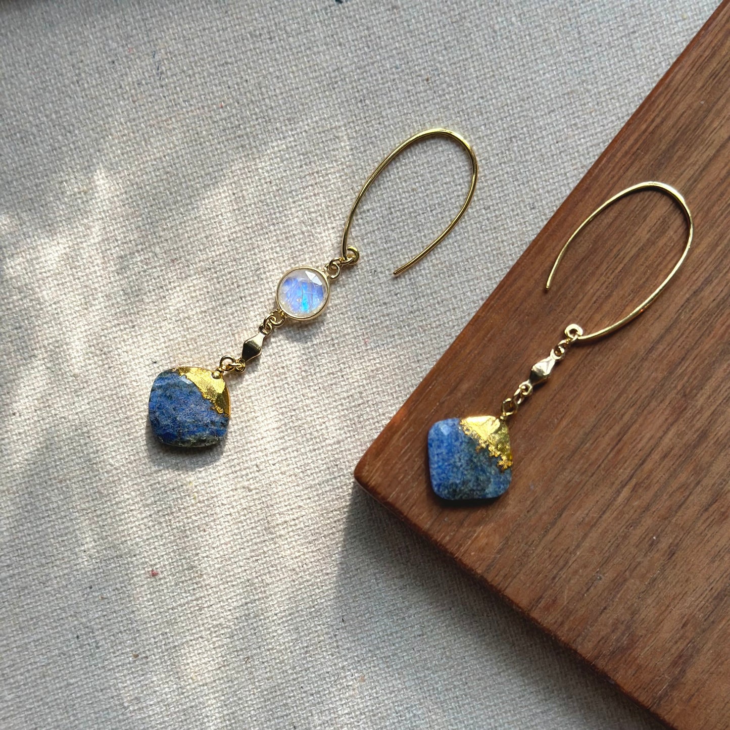 Lapis And Moonstone Asymmetric Gold-plated Earring