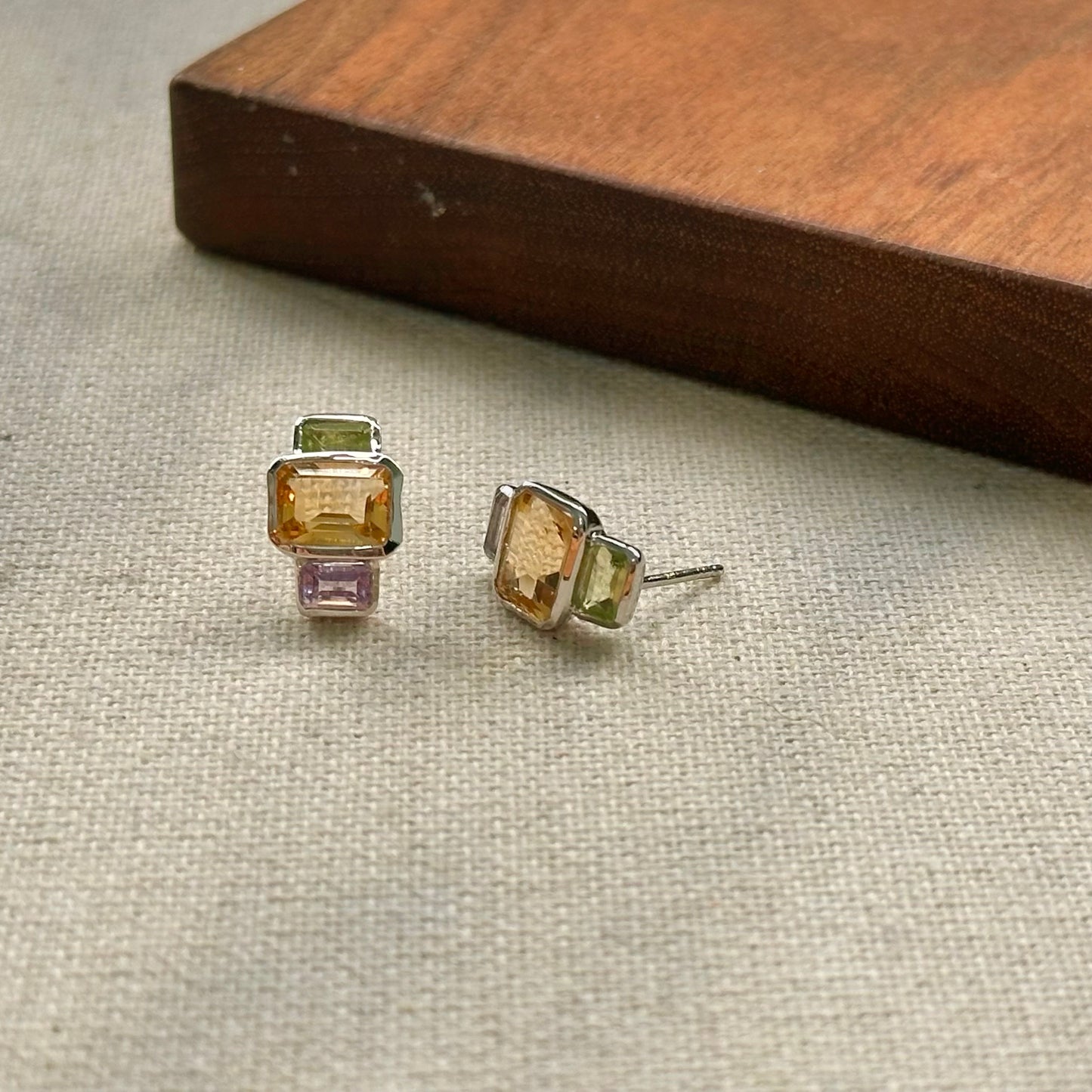 Citrine Mixed Peridot And Amethyst Sterling Silver Ear Stud