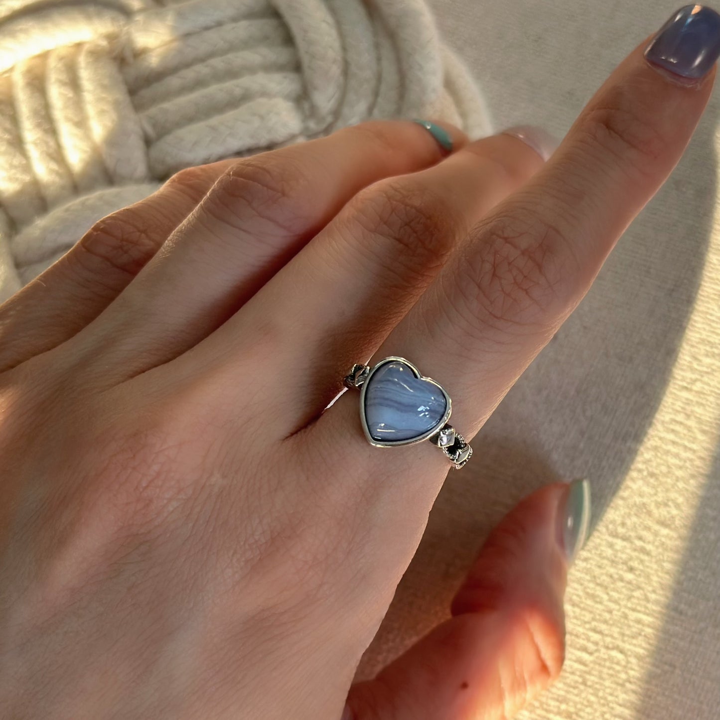 Blue Lace Agate Heart Adjustable Sterling Silver Ring