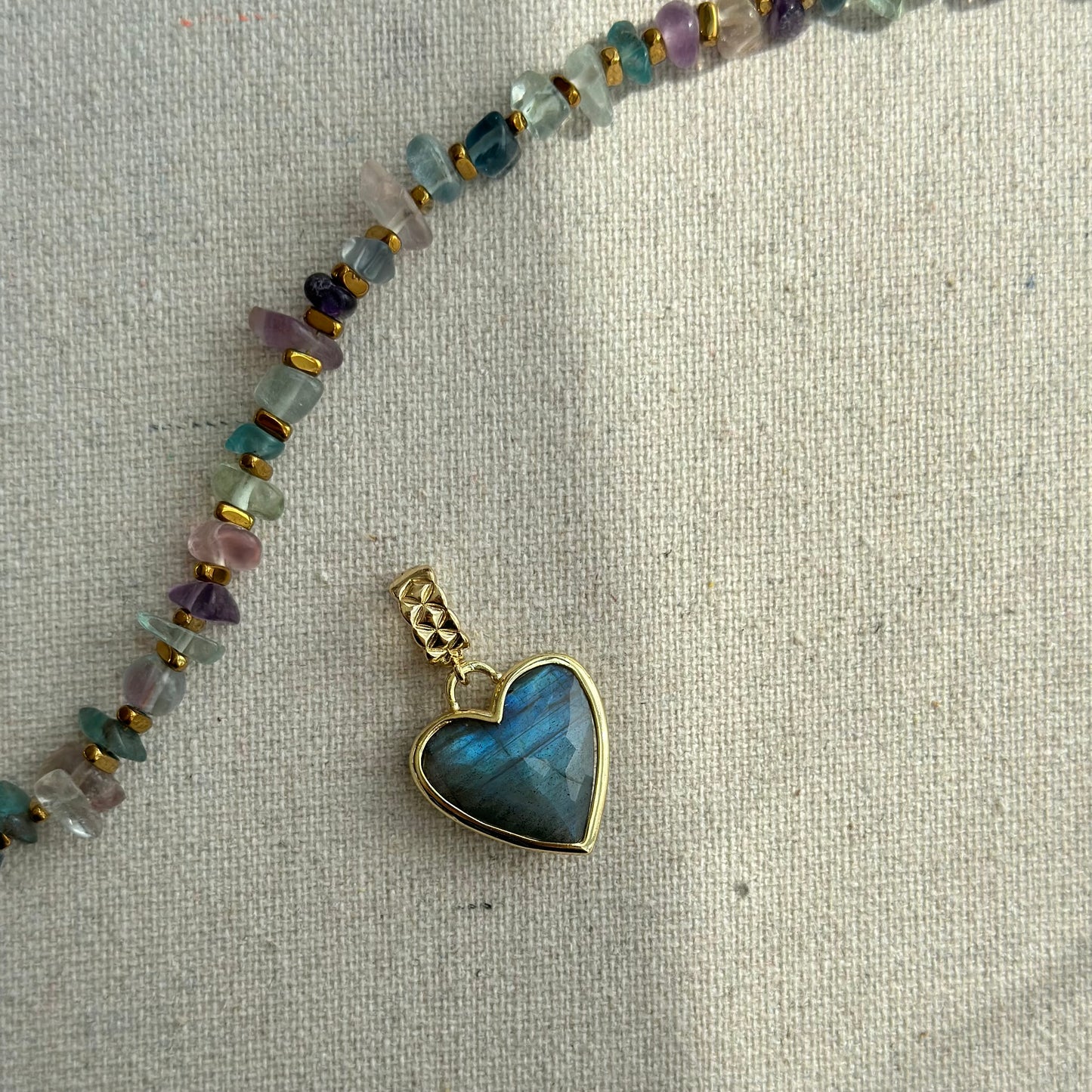 Labradorite Heart Pendant And Fluorite Beaded Two-way Necklace