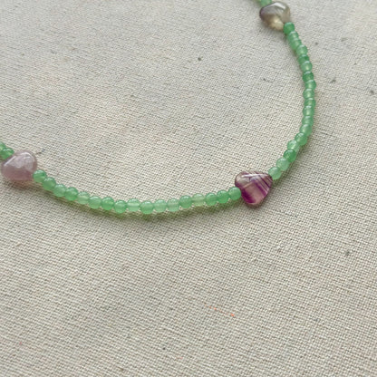 Fluorite Three Heart And Green Agate Beaded Necklace