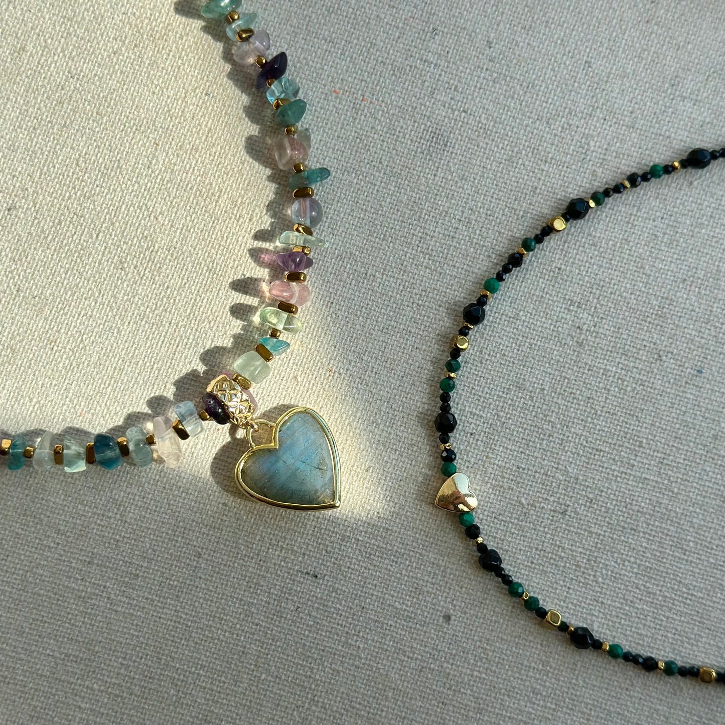 Labradorite Heart Pendant And Fluorite Beaded Two-way Necklace