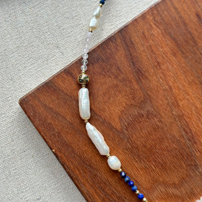 Moonstone And Lapis Mixed Freshwater Pearl Beaded Necklace