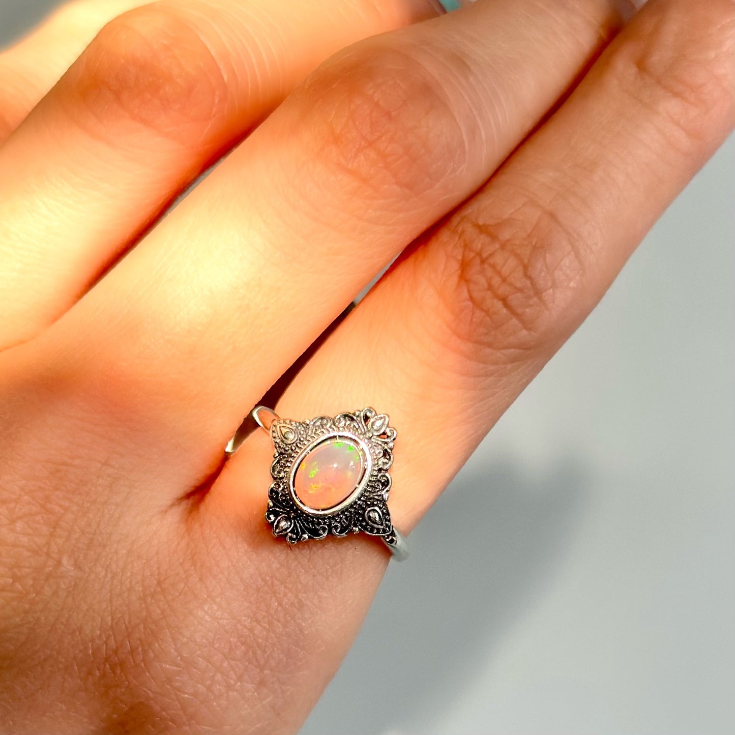 Opal Vintage Inspired Adjustable Sterling Silver Ring