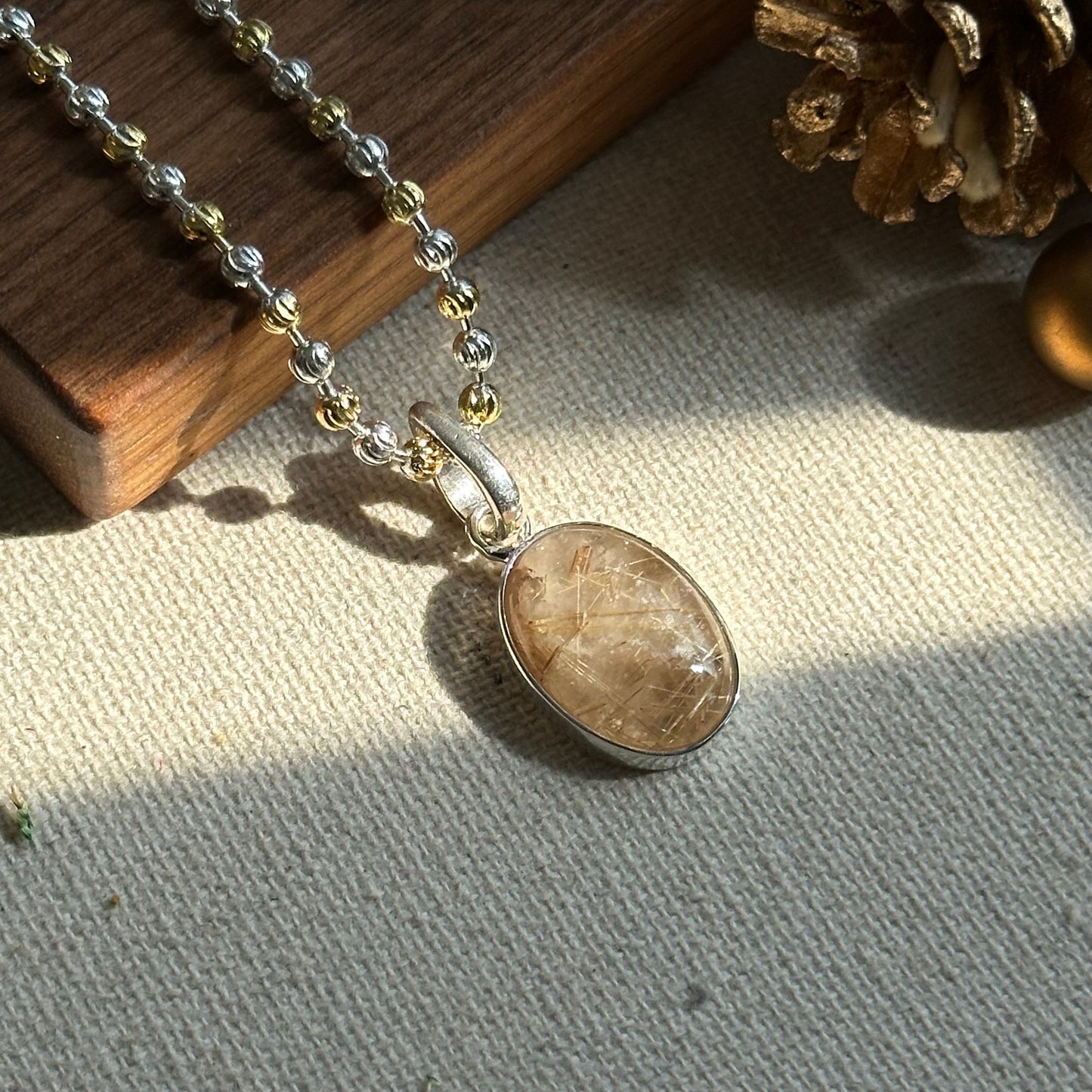 Golden Rutilated Quartz Pendant Two-tone Gold-plated Sterling Silver Necklace