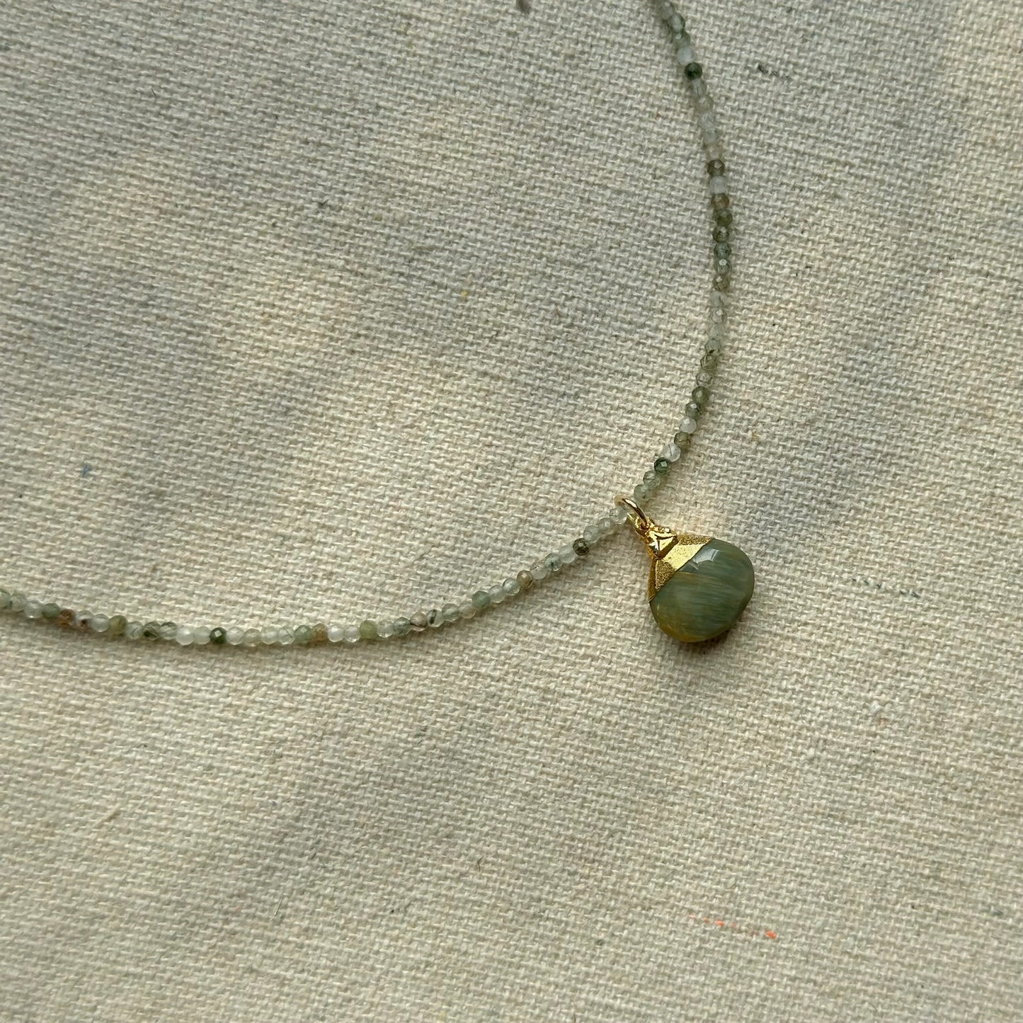 Green Cat Eye And Green Rutile Quartz Beaded Necklace