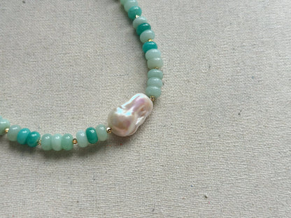 Amazonite And Baroque Freshwater Pearl Beaded Choker Necklace