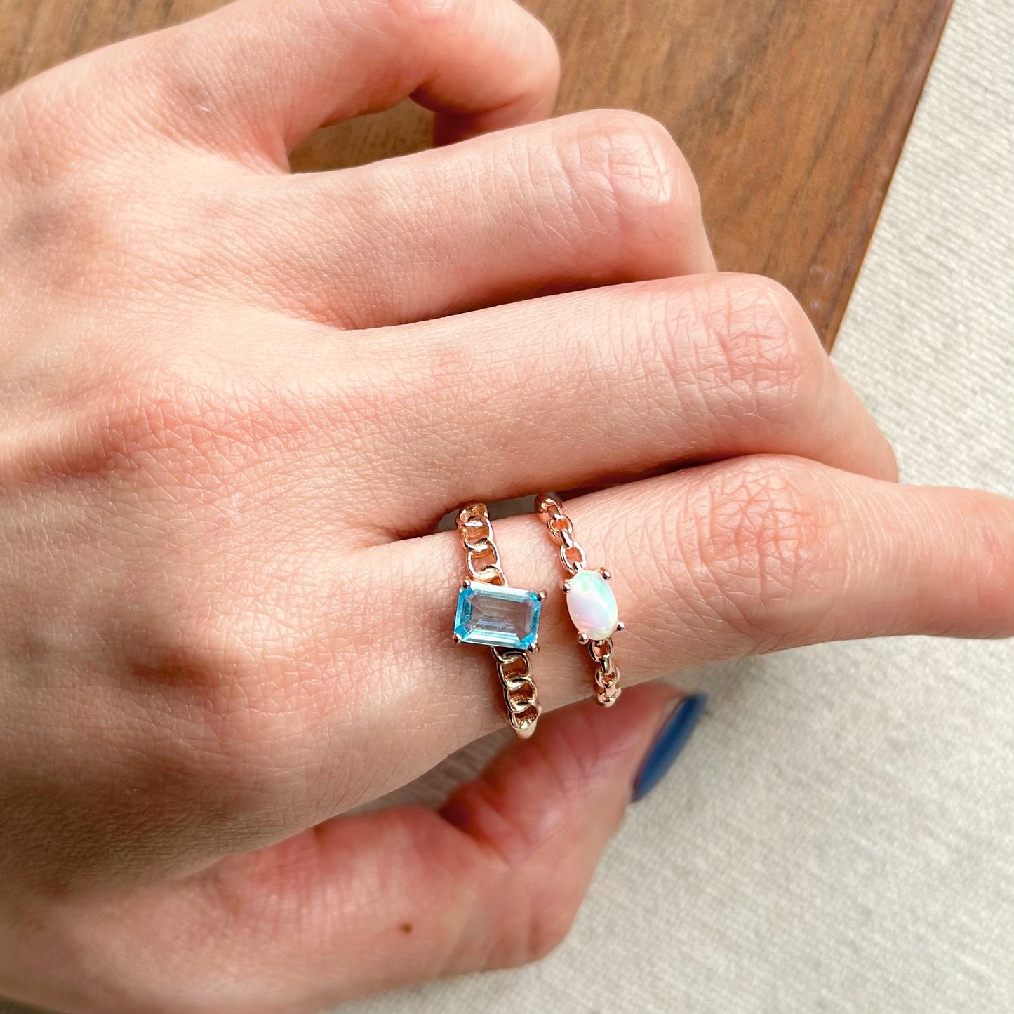 Opal Chain Ring Band Adjustable Rose Gold-plated Sterling Silver Ring