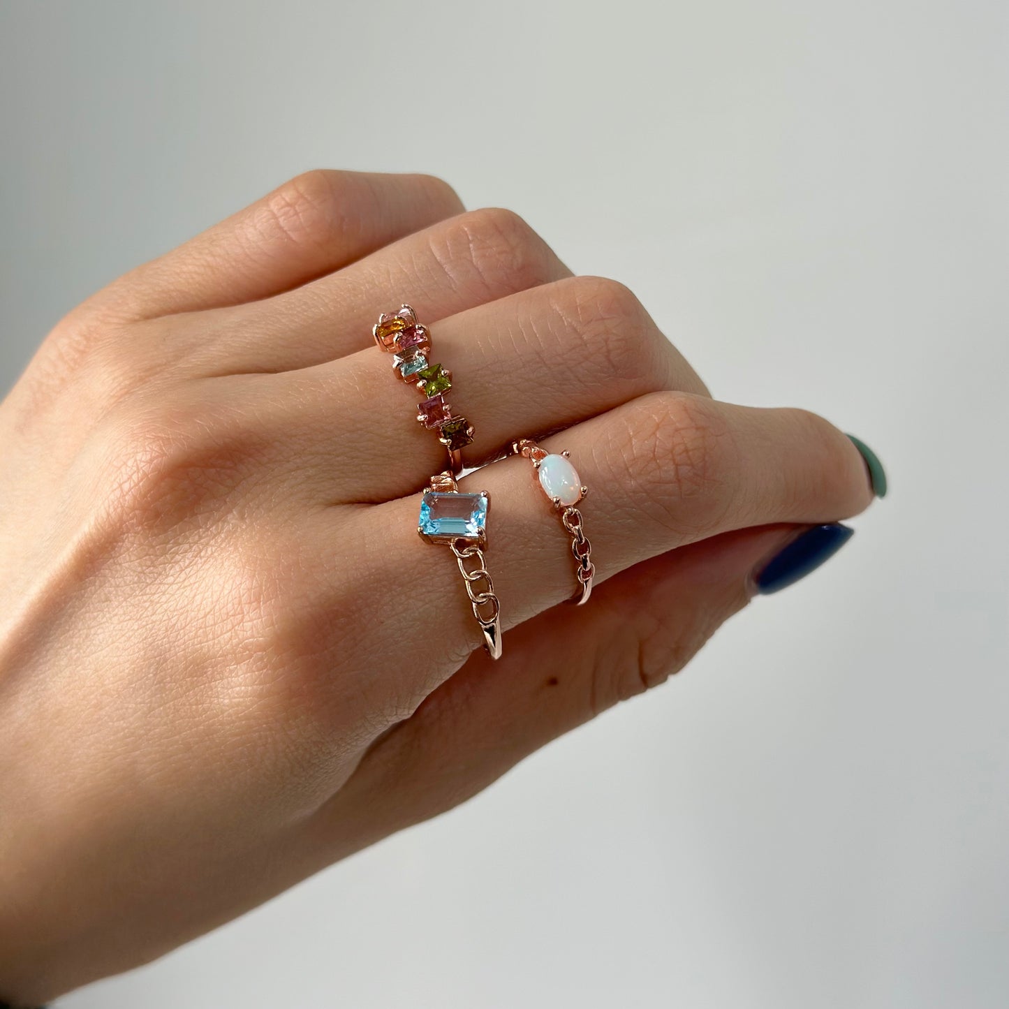 Opal Chain Ring Band Adjustable Rose Gold-plated Sterling Silver Ring