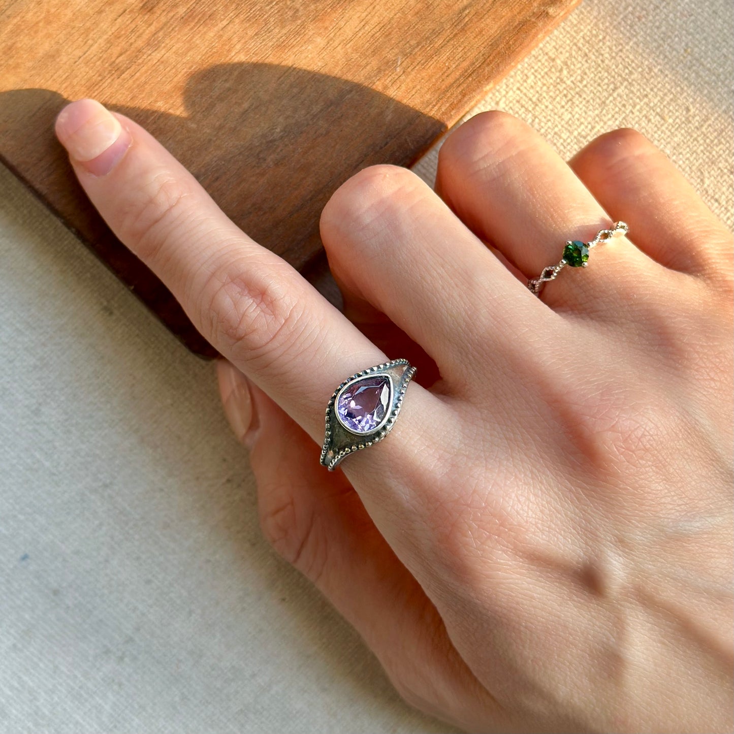 Green Tourmaline October Birthstone Adjustable Sterling Silver Ring