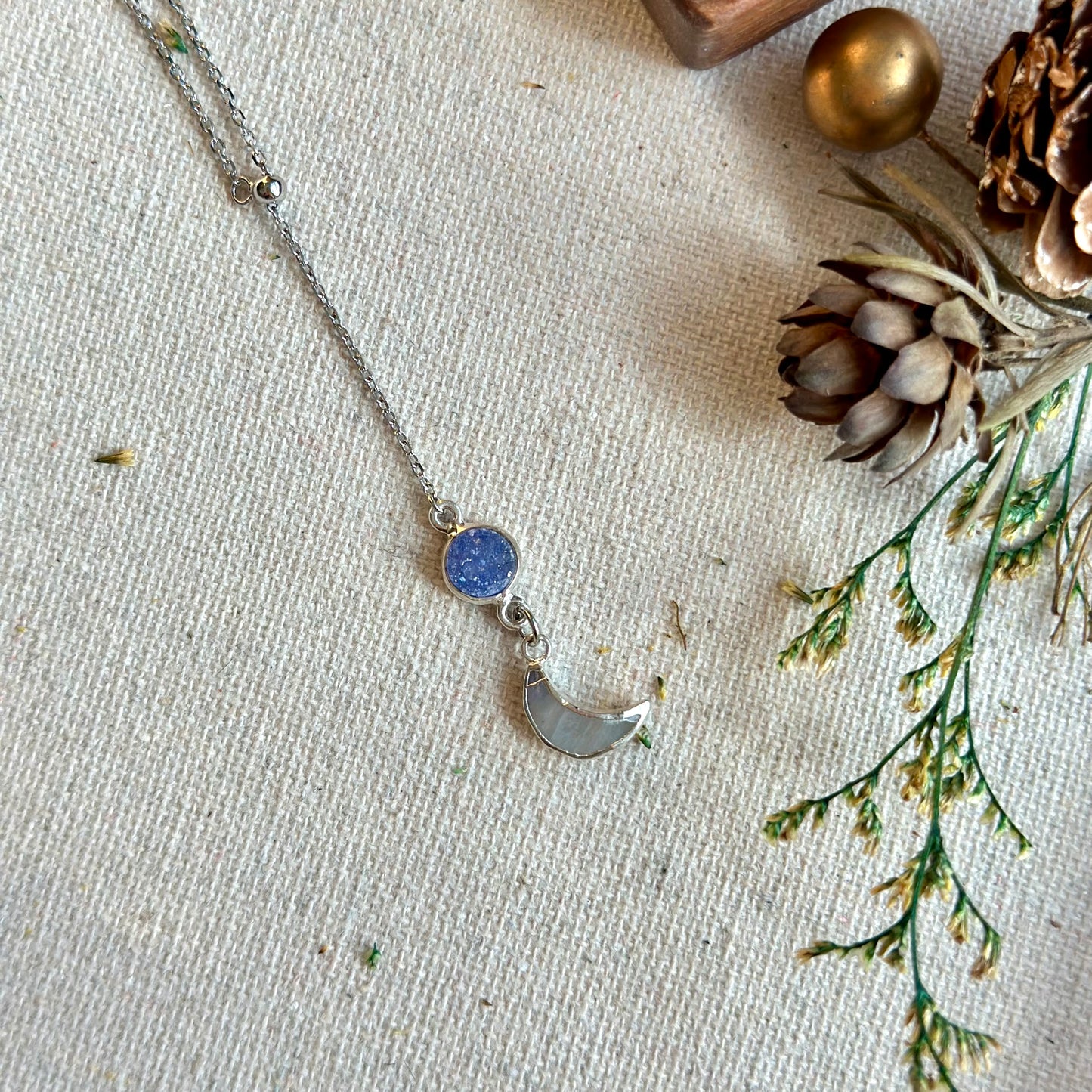 Moonstone And Blue Druzy Two-way Sterling Silver Necklace