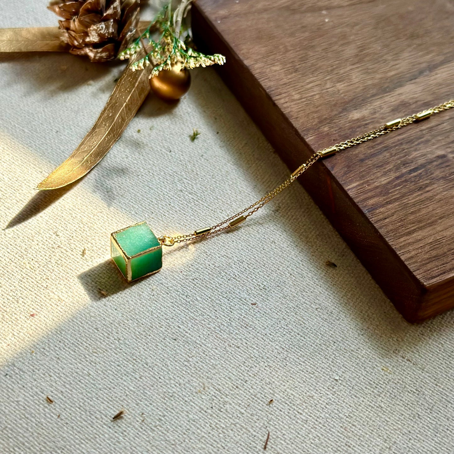 Aventurine Cube Gold-plated Sterling Silver Necklace