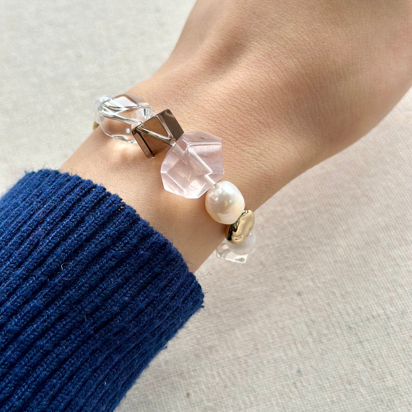 Rose Quartz and Clear Quartz Mixed Smoky Quartz Beaded Stretched Bracelet