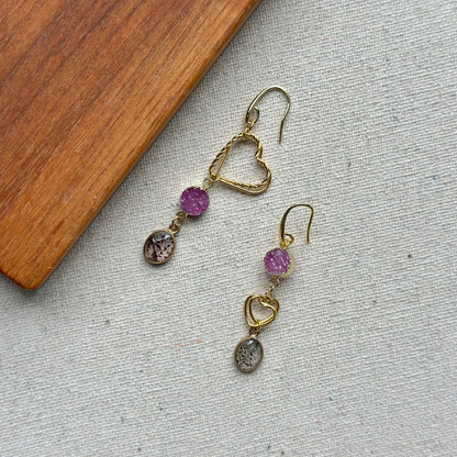 Super Seven And Druzy Heart Gold-plated Earring