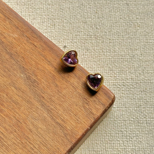 Amethyst Heart-shaped Bezel Set Gold-plated Ear Stud