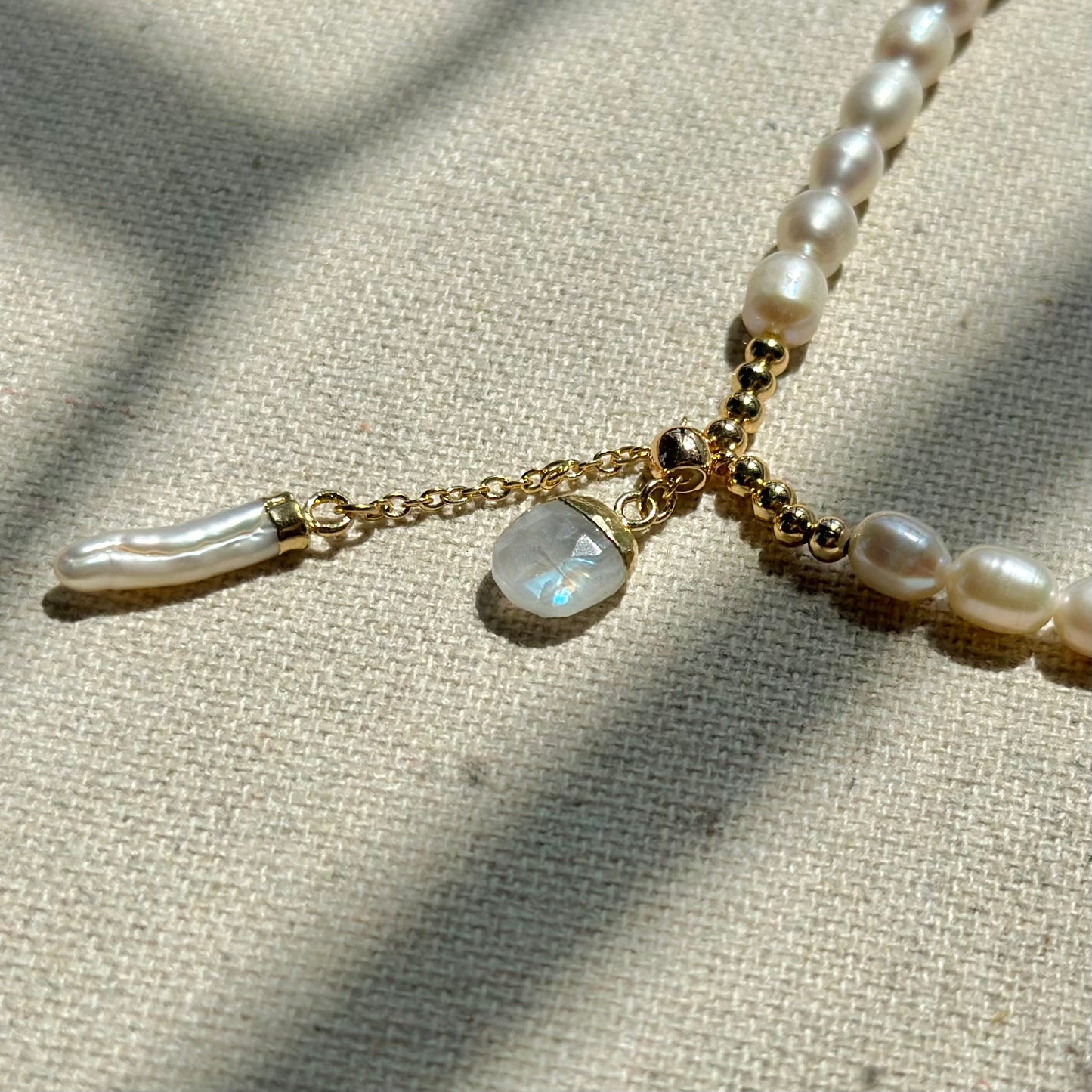 Moonstone With Freshwater Pearl And Gold-plated Beaded Choker Necklace