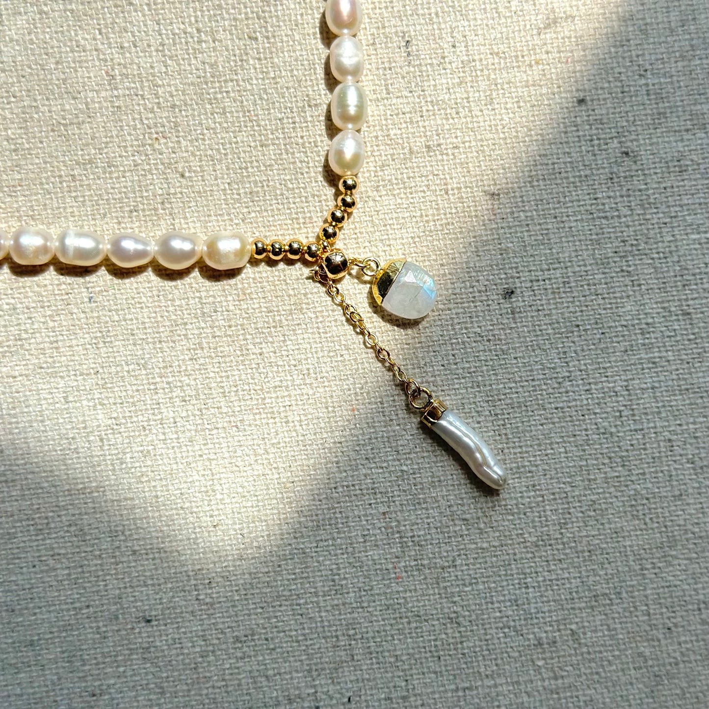 Moonstone With Freshwater Pearl And Gold-plated Beaded Choker Necklace