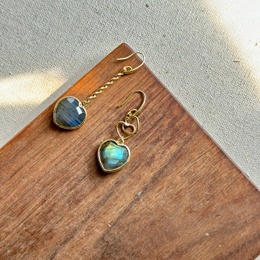 Labradorite Heart Asymmetric Gold-plated Earring