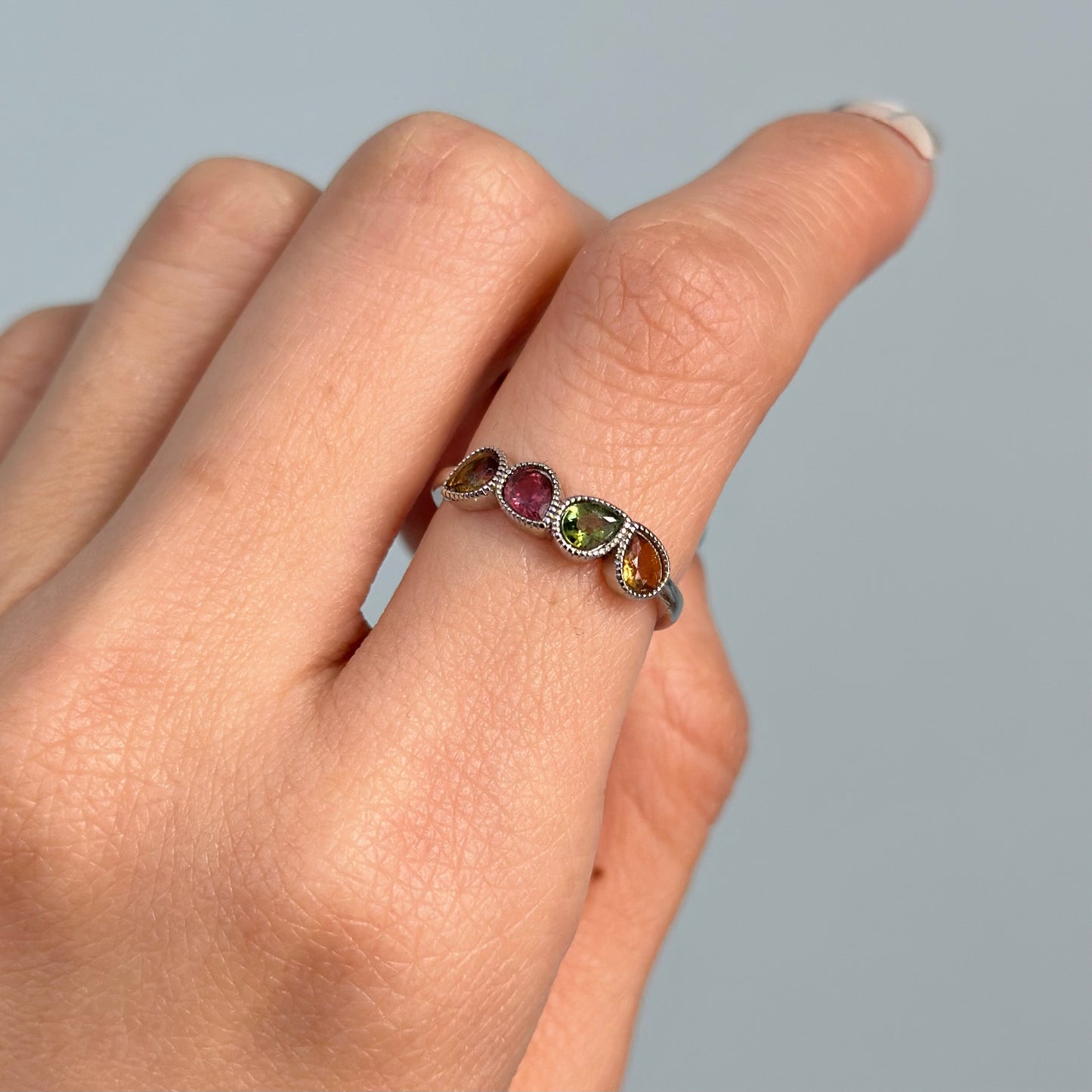 Mixed Tourmaline Pear-shaped Adjustable Sterling Silver Ring