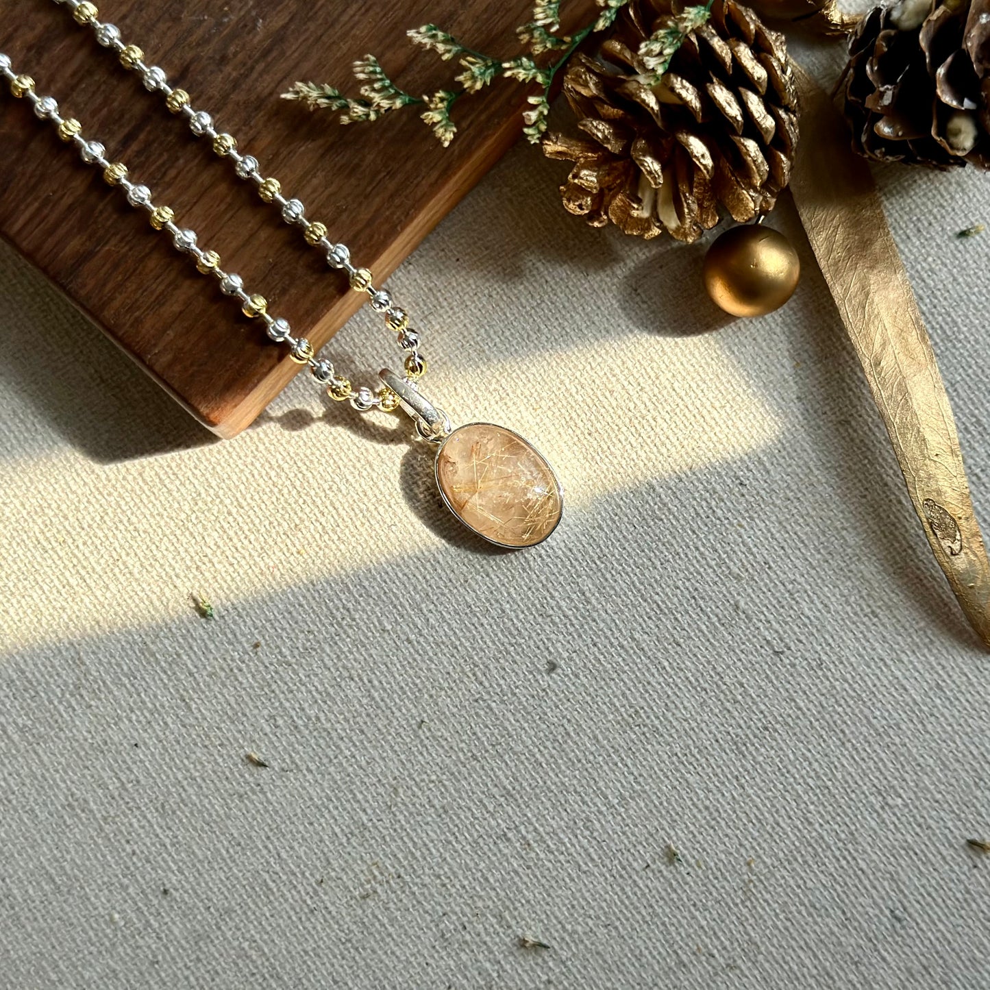 Golden Rutilated Quartz Pendant Two-tone Gold-plated Sterling Silver Necklace