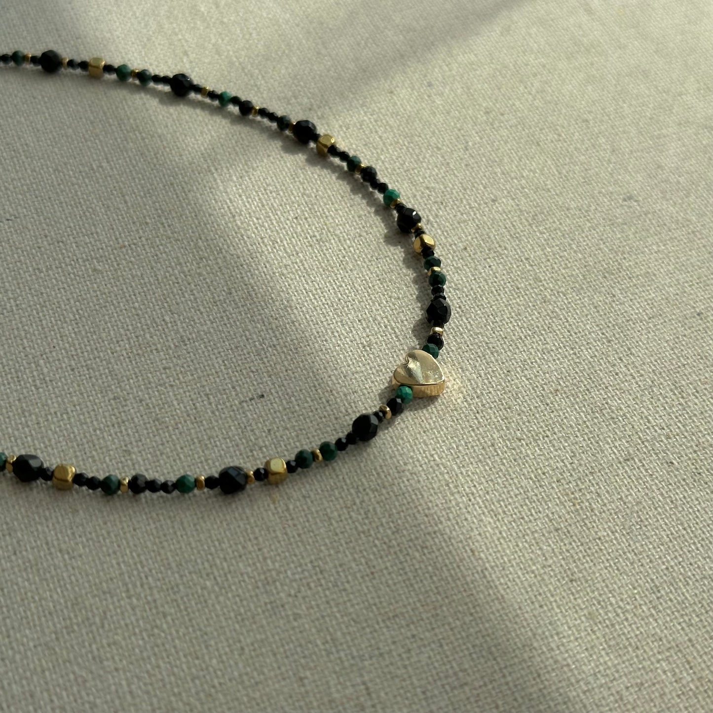 Black Spinel And Malachite Heart Beaded Necklace