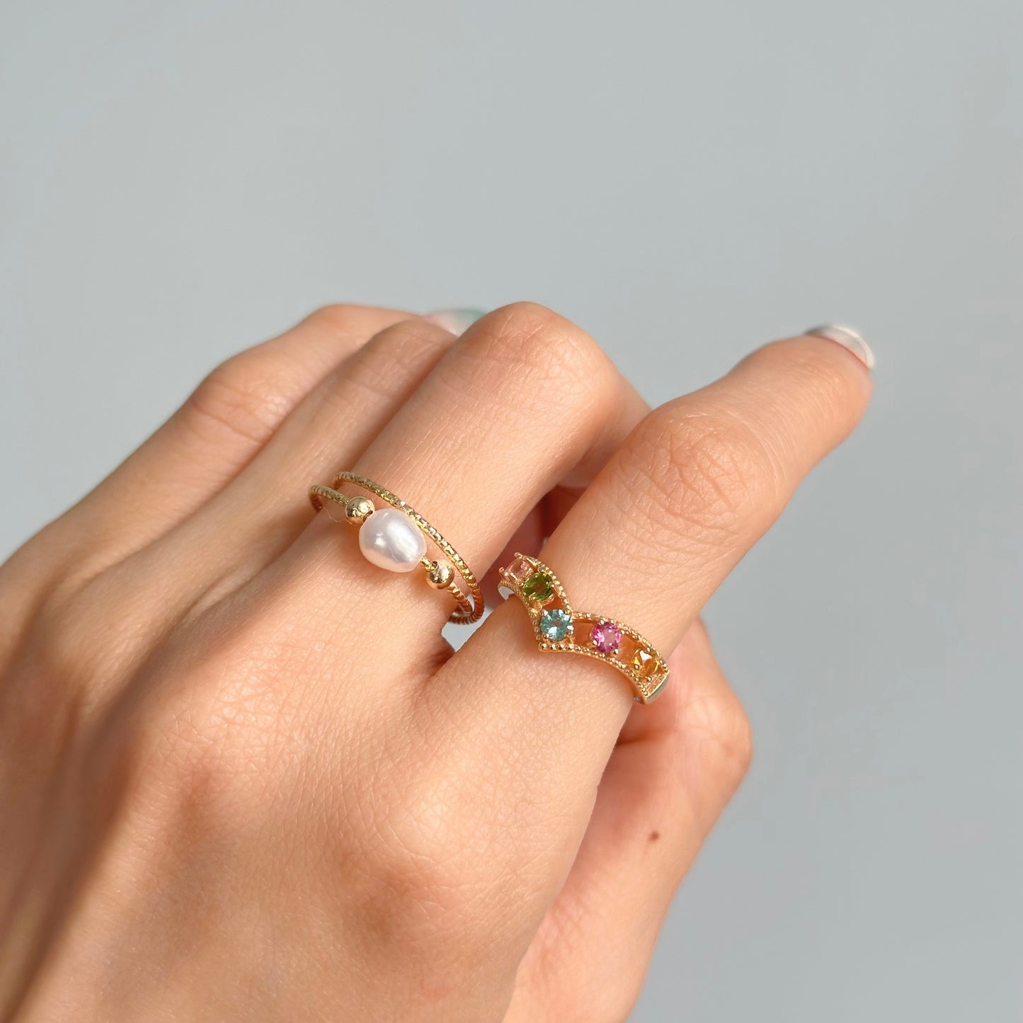 Mixed Tourmaline V-shaped Adjustable Gold-plated Ring