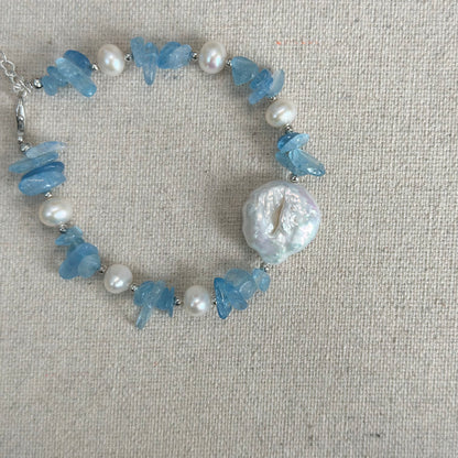 Aquamarine And Baroque Pearl Beaded Bracelet