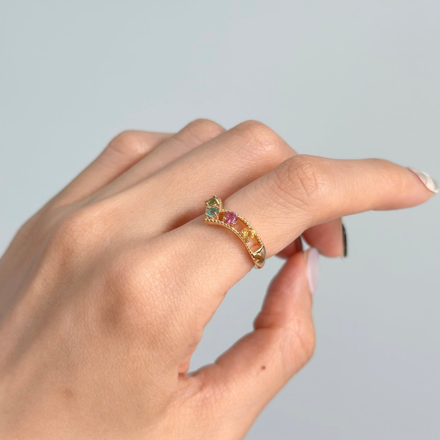 Mixed Tourmaline V-shaped Adjustable Gold-plated Ring