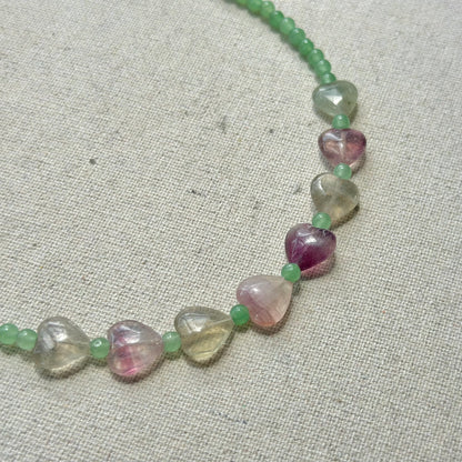 Green Agate And Fluorite Heart Beaded Necklace