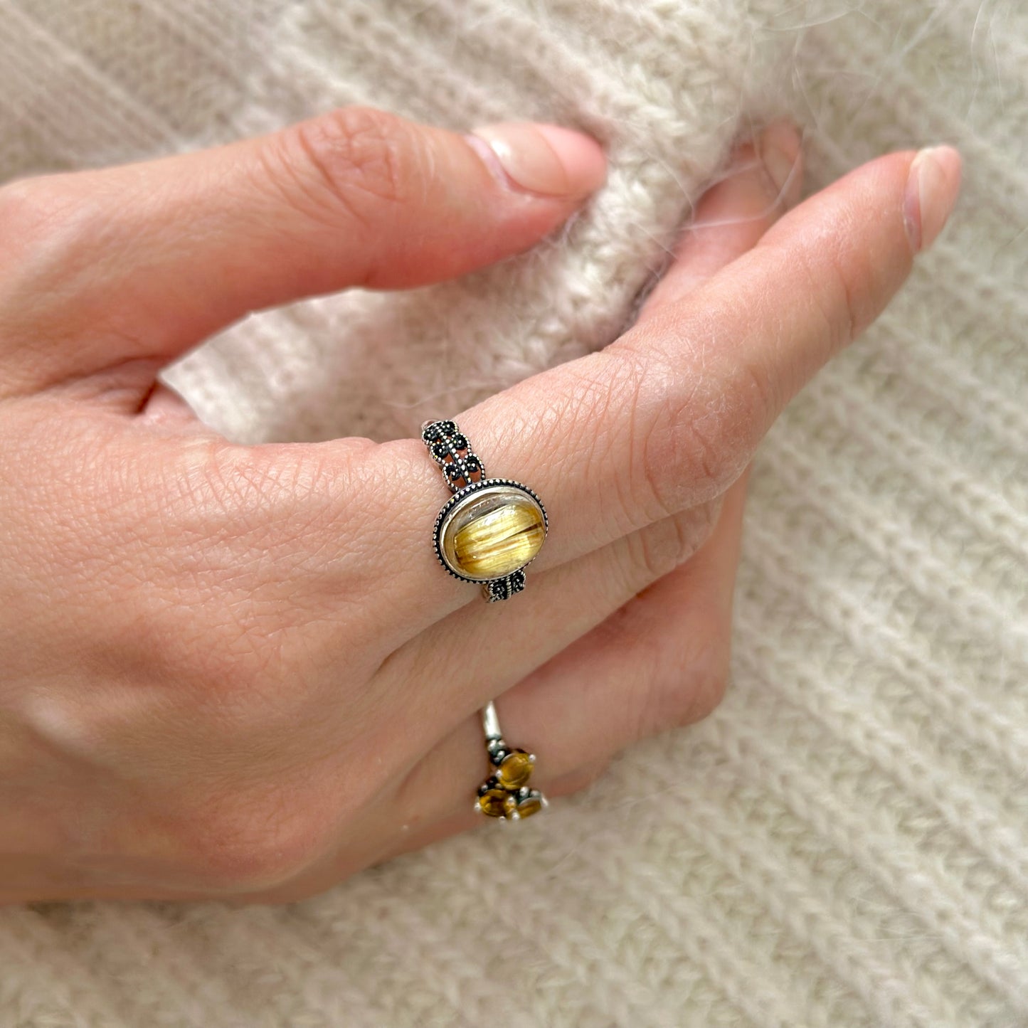 Golden Rutilated Quartz Cabochon Adjustable Sterling Silver Ring