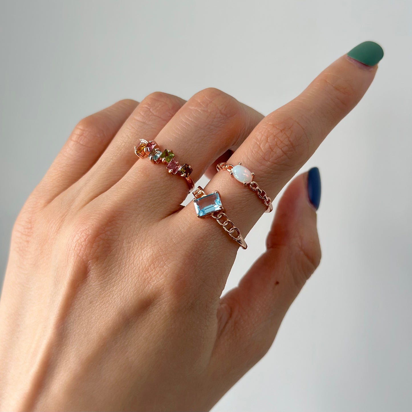 Opal Chain Ring Band Adjustable Rose Gold-plated Sterling Silver Ring