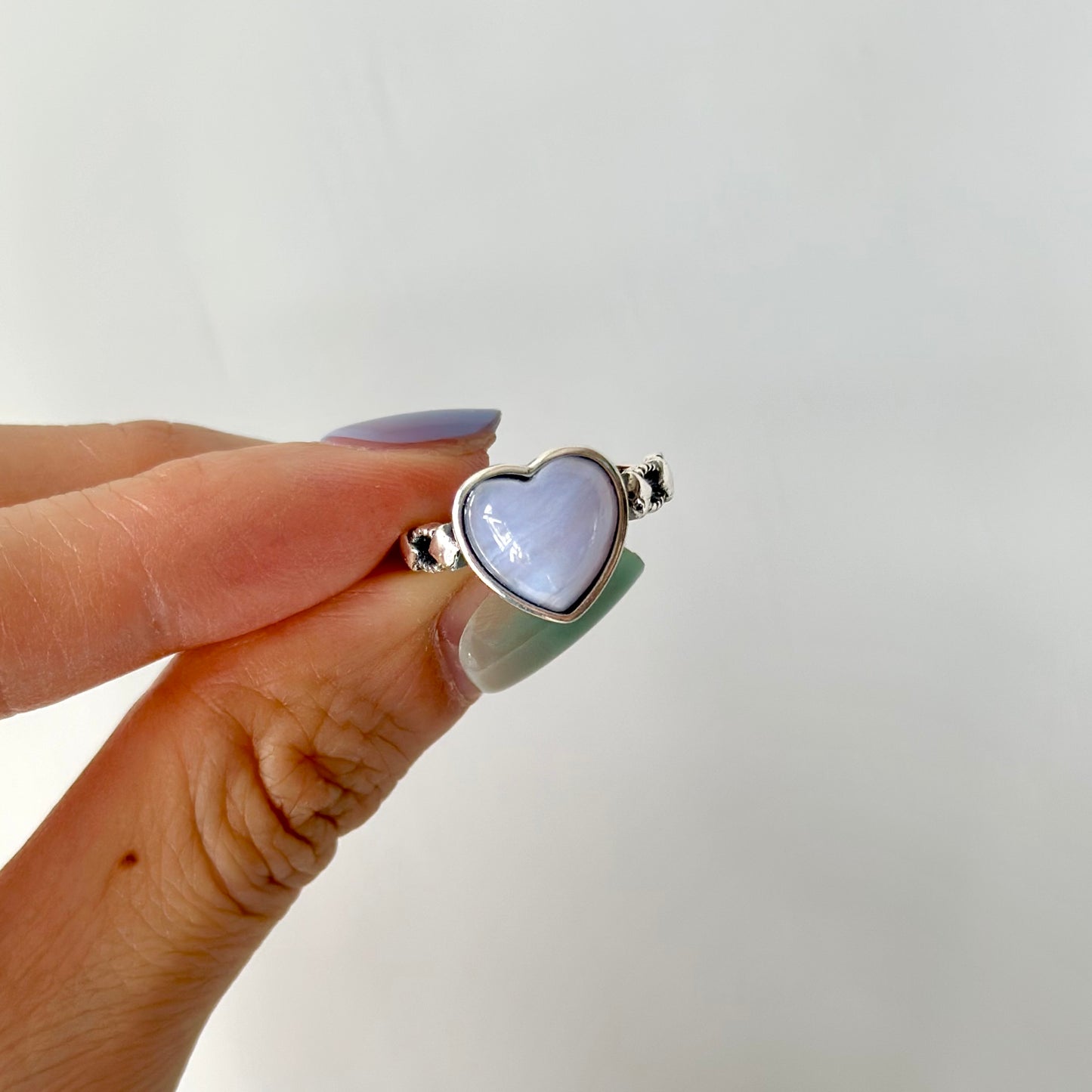 Blue Lace Agate Heart Adjustable Sterling Silver Ring