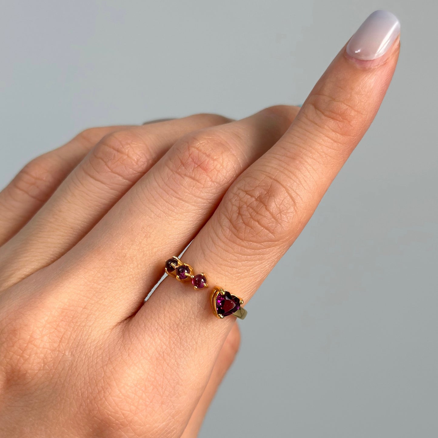 Garnet Heart Front Open Adjustable Gold-plated Sterling Silver Ring