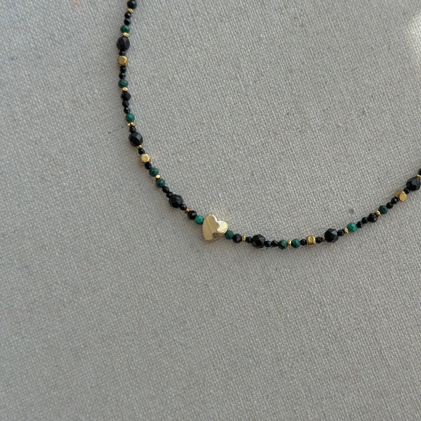 Black Spinel And Malachite Heart Beaded Necklace