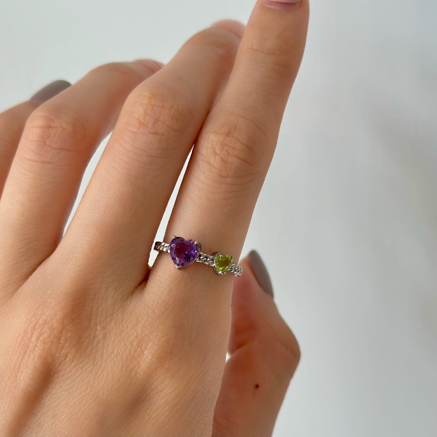 Amethyst And Peridot Heart Adjustable Sterling Silver Ring