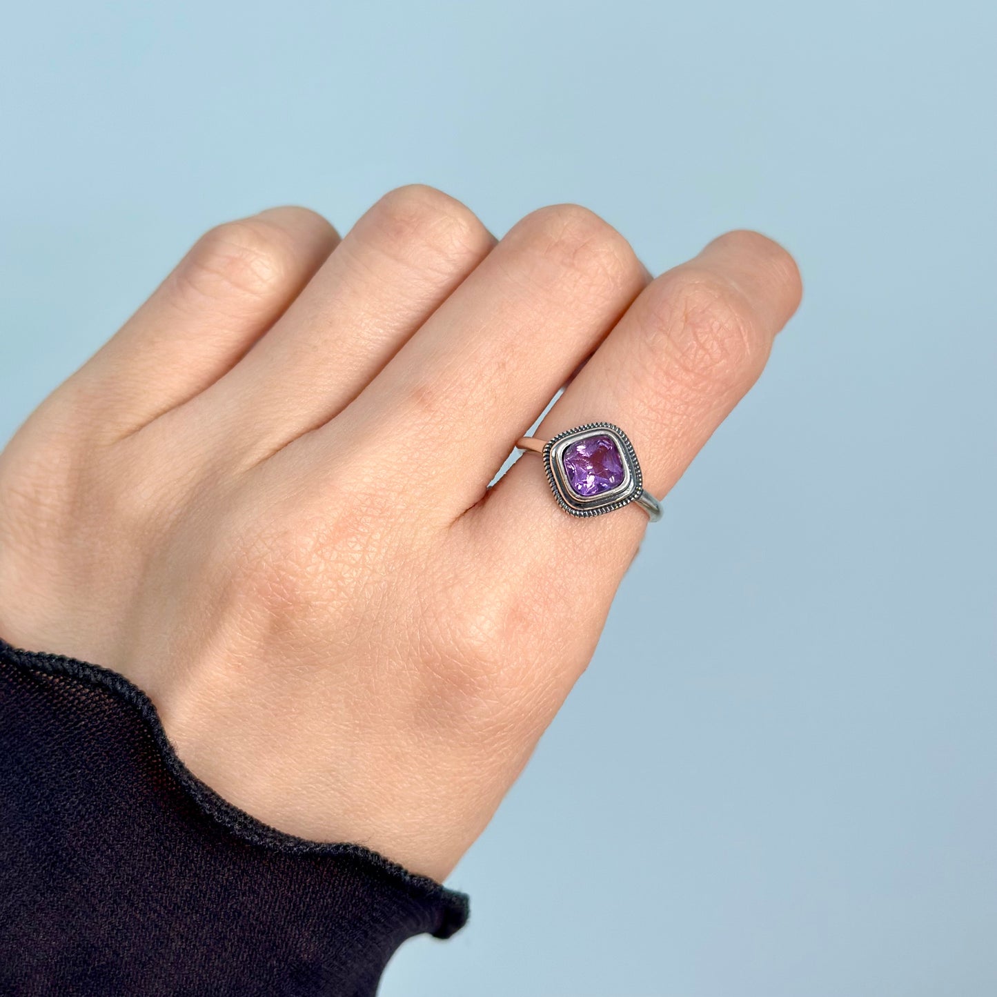 Amethyst Square Adjustable Sterling Silver Ring