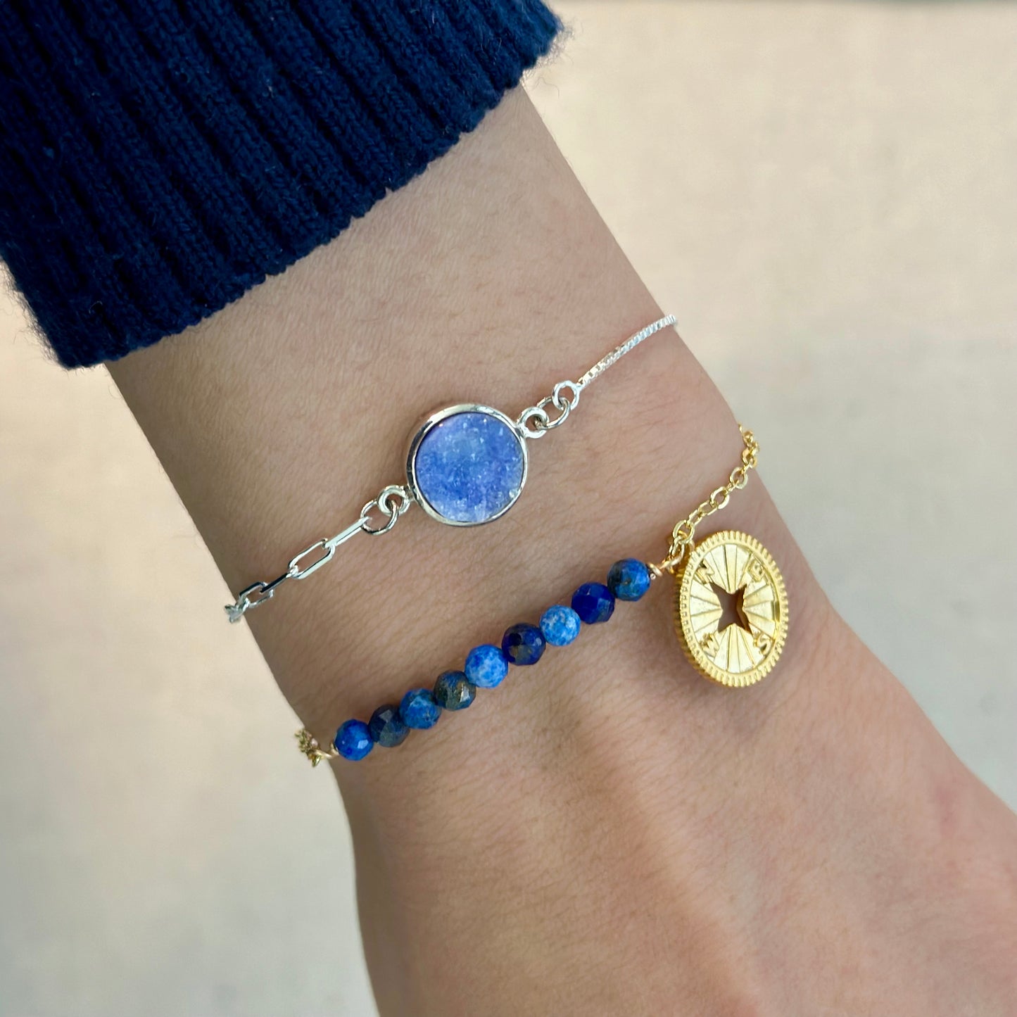 Blue Druzy Adjustable Sterling Silver Bracelet